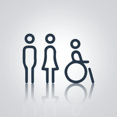 Unique pictograms of a man and a woman, unique wheelchair, signs, icons, dark color, character