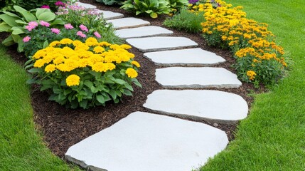 A garden path with stepping stones surrounded by vibrant flowers and grass