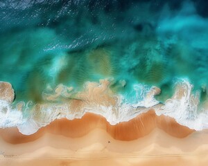 Obraz premium Dynamic aerial photography of tranquil shoreline vast open beach meeting endless horizon ocean wave forming unique swirling pattern tiny solitary figure wandering near water edge footprint blending