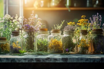 Fototapeta premium Sunlit jars filled with various dried herbs and flowers, a botanical still life.