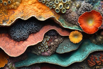 Vibrant coral reef layers, underwater scene, colorful texture