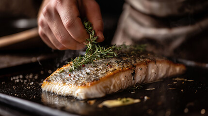 Professional chef adding a touch of fresh thyme and rosemary to a perfectly seared fish plate, dramatic side lighting highlighting the textures