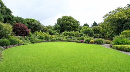 Fototapeta premium Lush green lawn with vibrant trees and decorative garden beds