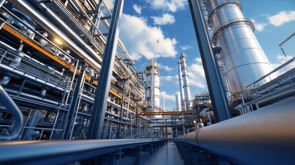 Fototapeta premium A chemical factory with a complex network of pipelines and storage tanks.