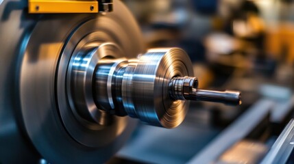 Fototapeta premium A close-up of an industrial lathe machine shaping a precision metal component.