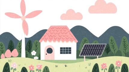 Fototapeta premium Pastel Illustration of Eco Friendly House with Solar Panels and Wind Turbine