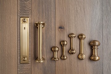 Obraz premium Assortment of elegant gold door and cabinet hardware pieces displayed on a wood background.
