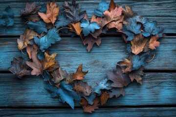 Autumn leaves arranged in a heart shape on a rustic blue wooden background.