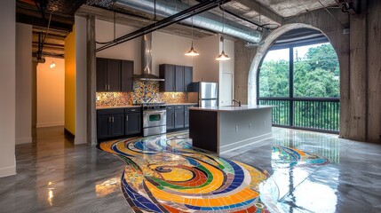 A colorful kitchen area showcasing a beautiful mosaic tile floor creating a unique culinary atmosphere