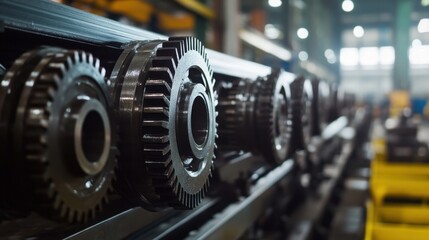 Fototapeta premium A close-up of large mechanical gears inside a heavy machinery factory.