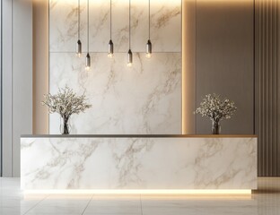 Modern reception desk featuring marble elements and decorative lighting