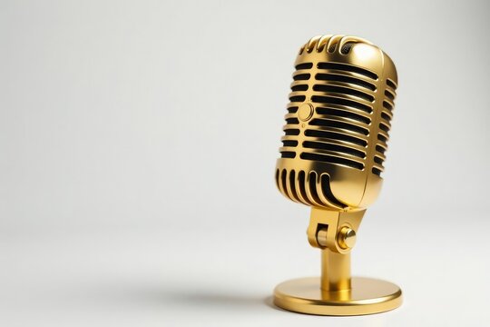 Close-up shot of a gold microphone on white background, white, studio accessory, rhyme