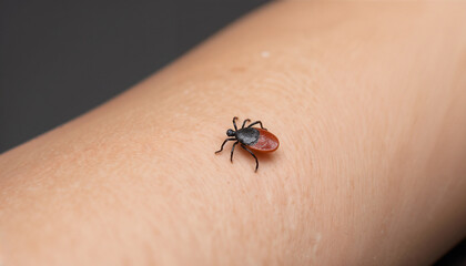 Obraz premium Close-up Macro of Ixodes Tick Crawling on Human Skin, Neutral Skin Tones, Lyme Disease Risk & Parasite Concept, for Medical Education & Public Health Warnings