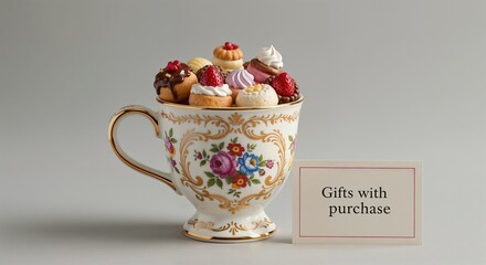 Decorative Cup with Assorted Colorful Sweets & "Gifts with Purchase" Text, Clean Studio Shot, Neutral Background, Retail Promotion Concept, for Marketing & E-commerce Incentives