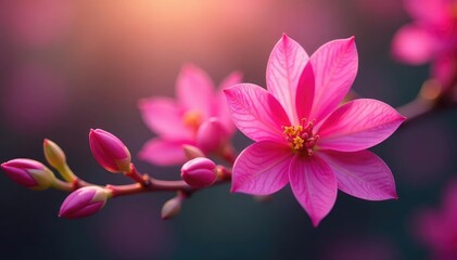 Fototapeta premium Delicate fuchsia flowers, swirling pattern, soft focus , fabric, magenta