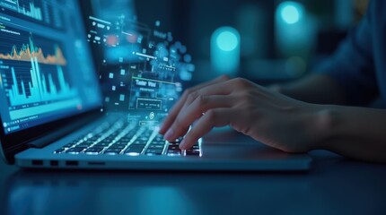 Obraz premium Hands typing on keyboard, holograms of graphs above screen, futuristic tech vibe, cool blue light.
