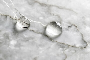 Two transparent spheres rest on a marble surface, connected by a delicate, web-like structure.