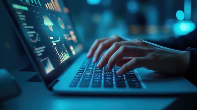 Hands typing on keyboard, holograms of graphs above screen, futuristic tech vibe, cool blue light.