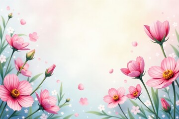 Fototapeta premium Delicate watercolor wildflowers scattered on soft pastel background , background, charming, delicate