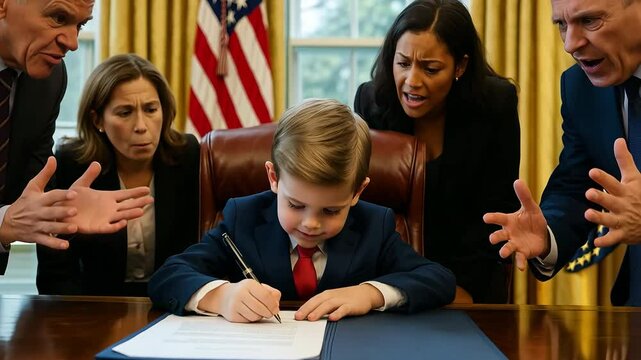 Young president boy in a suit signs official documents in the oval office, surrounded by concerned adults, filmed with a locked-off frontal camera.