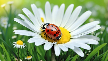 A stunning macro photograph of a ladybug perched on the golden center of a white daisy.