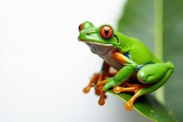 Green tree frog perched on white, vibrant details, macro, isolated