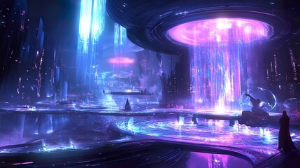 Futuristic cityscape bathed in vibrant neon light with ethereal reflections