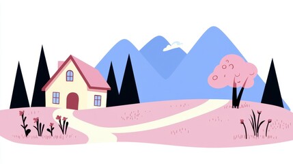 Peaceful Mountain Landscape with Yellow House Pixel Art Illustration