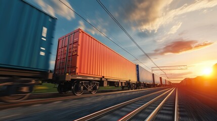 Obraz premium A freight train with shipping containers passing through an industrial logistics route.