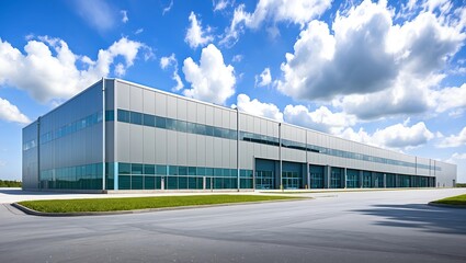 Obraz premium Large industrial factory building with a spacious warehouse, featuring a modern design and high ceilings. Ideal for manufacturing, logistics, and storage operations in an industrial setting.