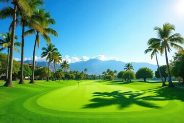 Tropical Paradise Golf Course Lush Greens, Palm Trees, and Majestic Mountains under a Vivid Blue Sky