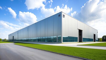 Obraz premium Modern warehouse facility attached to a factory building, designed for large-scale production, distribution, and storage. Perfect for logistics, supply chain, and industrial business operations.