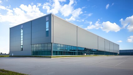 Obraz premium Modern industrial warehouse building with a sleek metal facade, large windows, and a spacious outdoor area under a bright blue sky. Ideal for manufacturing, logistics, and storage facilities.