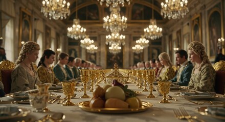 Royal Palace Dinner: An opulent scene of a grand royal banquet in a lavish palace, showcasing elegant attire, gold tableware, and a long table filled with guests.