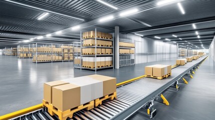 A futuristic smart warehouse with an automated conveyor sorting system.