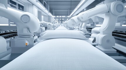 A futuristic textile factory with automated looms and robotic weavers.