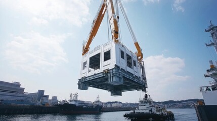 Naklejka premium A giant gantry crane lifting a prefabricated building module into place.