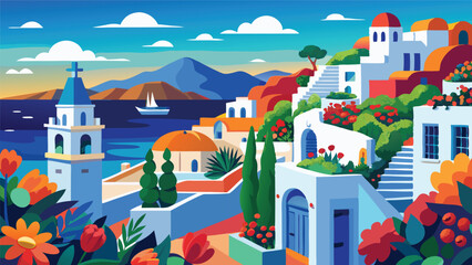 Vibrant Coastal Town Scenic View Mediterranean Style Architecture Flowers and Sea