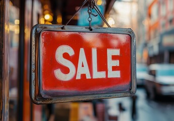 Vintage Red Sale Sign Hanging Outdoors Rusty Metal Frame Shop Business Discount Offer Promotion Advertising Retail Marketing Street Scene Urban       