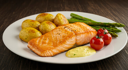 Delicious fried salmon fillet with seasoned potatoes and colorful vegetables, beautifully plated on wood