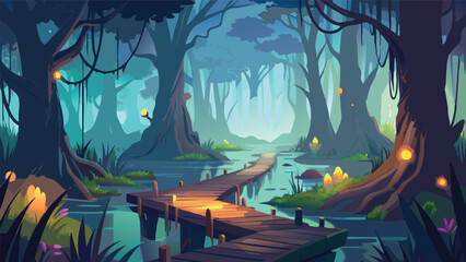 Mystical Forest Path Wooden Bridge Across a Tranquil Swamp