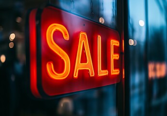Bright Red Neon Sale Sign Night Shop Window Display Advertising Retail Promotion Discount Offer Special Price Deal Business Marketing Commercial      