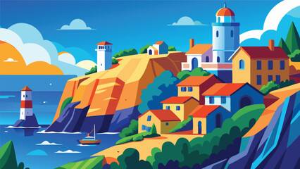 Coastal Village Scene Picturesque Houses and Lighthouses by the Sea