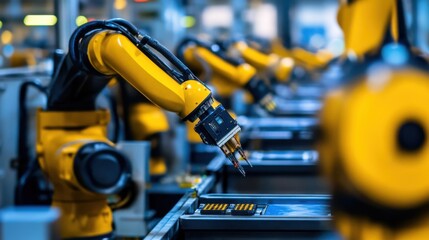 Fototapeta premium A high-speed assembly line with robotic arms assembling electronic components.