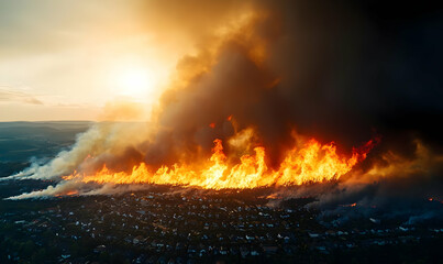Obraz premium Wildfire Spreading Over Landscape with Dramatic Flames and Smoke