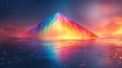 Colorful Pyramid Structure on a Reflective Lake at Sunset, Starry Background
