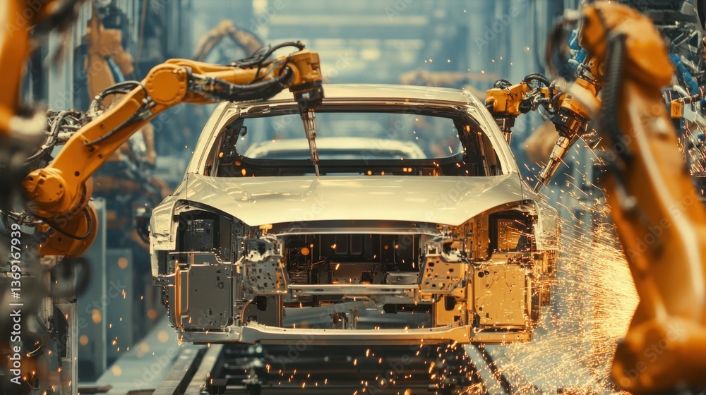 Poster a high-tech automobile production line with robotic assembly in progress.