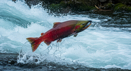 Majestic king salmon jumping upstream in flowing water