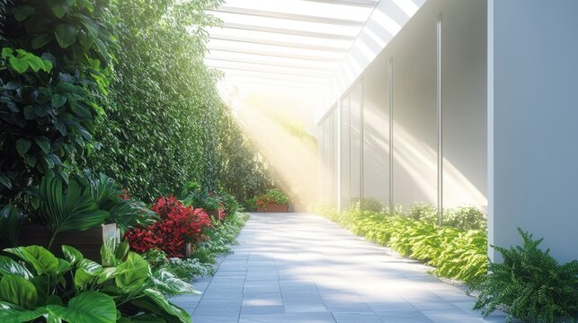 Indoor walkway with greenery on walls and plants, bathed in soft sunlight.