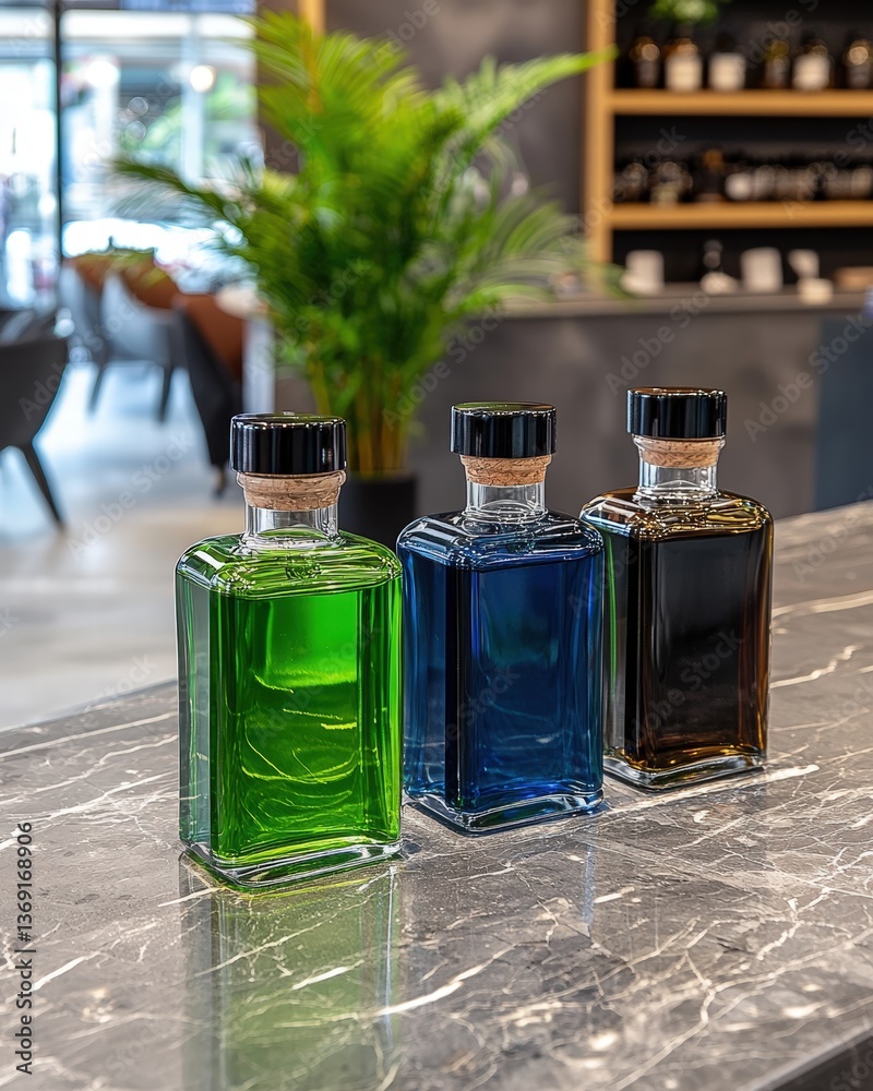 Poster trio of elegant perfume bottles displaying unique shapes and colors on a soft background surface